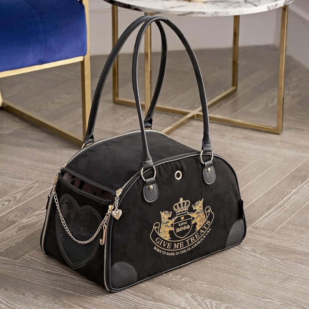 Juicy Couture Pet Carrier Crown Black Faux Suede Small Dog Cat Carrier 10 lbs. - Picture 7 of 15